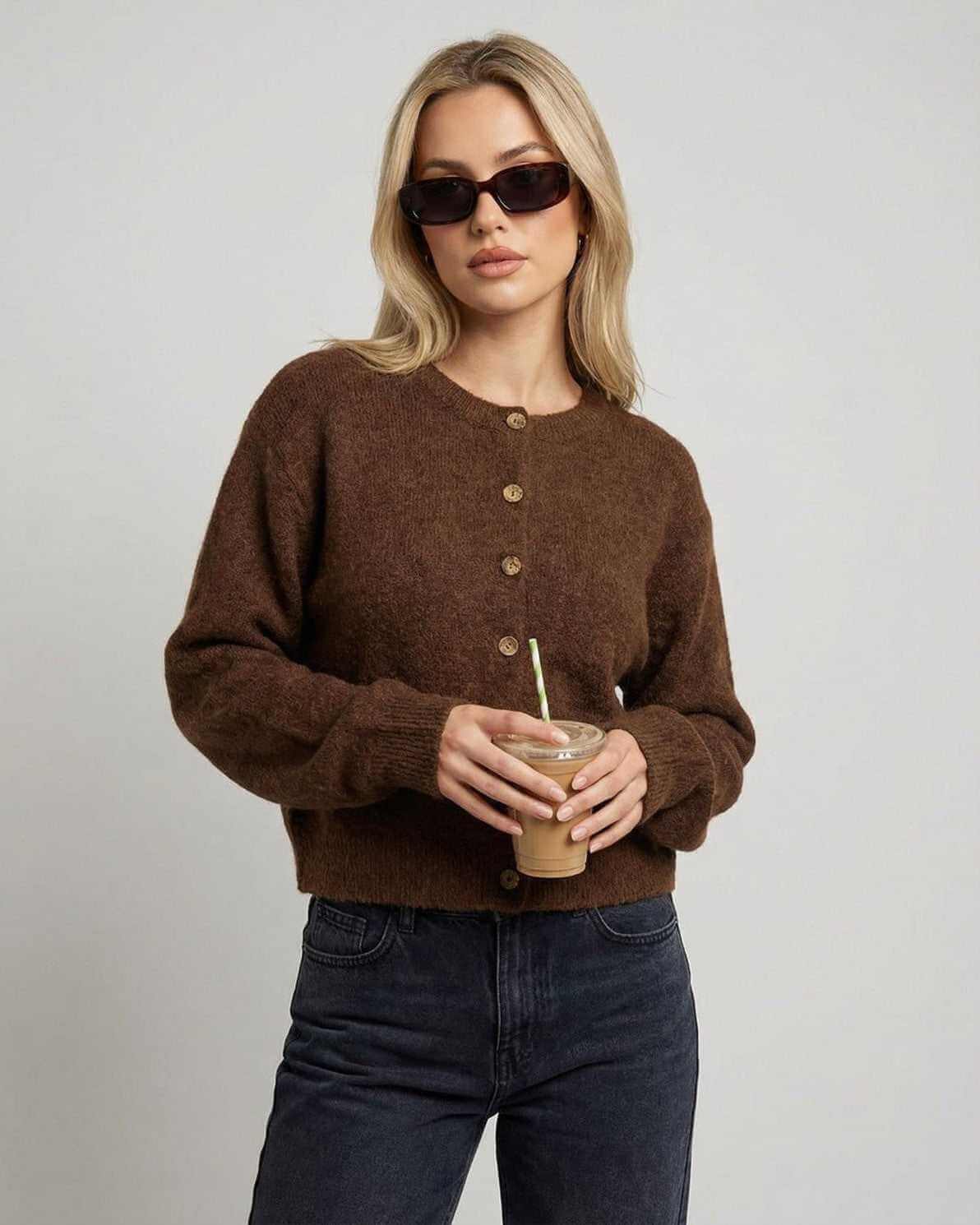 Cocoa Cardigan by Lauven, button-front knit cardigan in brown, featuring a relaxed fit and long sleeves.