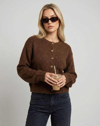 Cocoa Cardigan by Lauven, button-front knit cardigan in brown, featuring a relaxed fit and long sleeves.