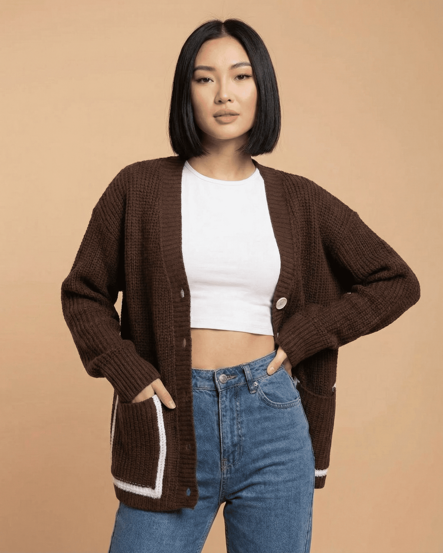 Cocoa Cardigan by SLIMONA - Relaxed color block knit cardigan showcasing a V-neckline and loose fit for effortless style.