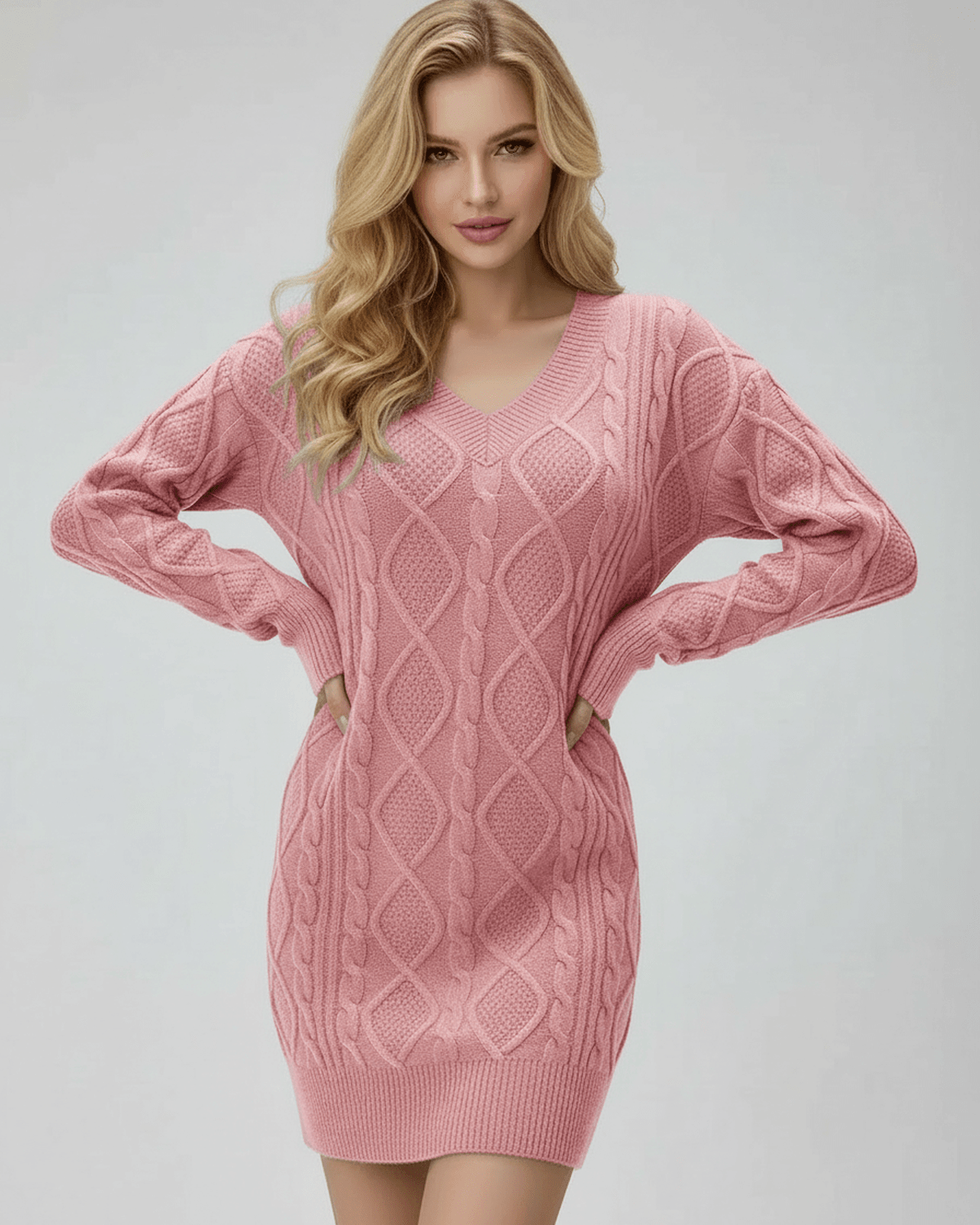 Dahlia Mini Dress by Lauven in soft pink, featuring a ribbed V-neck and cable-knit design for cozy elegance.