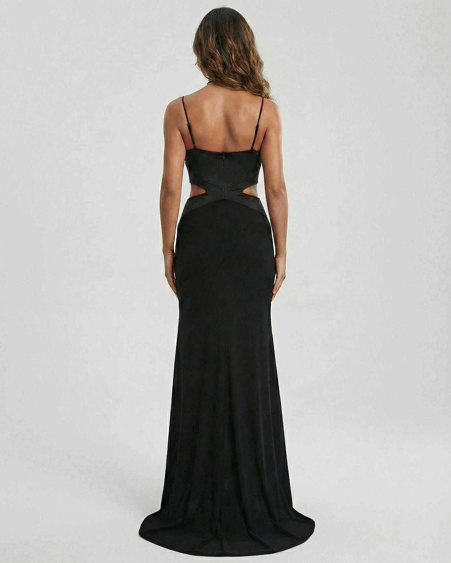 Eclipse Maxi Dress by Lauven, featuring a sleek back view with cutout accents and elegant silhouette.