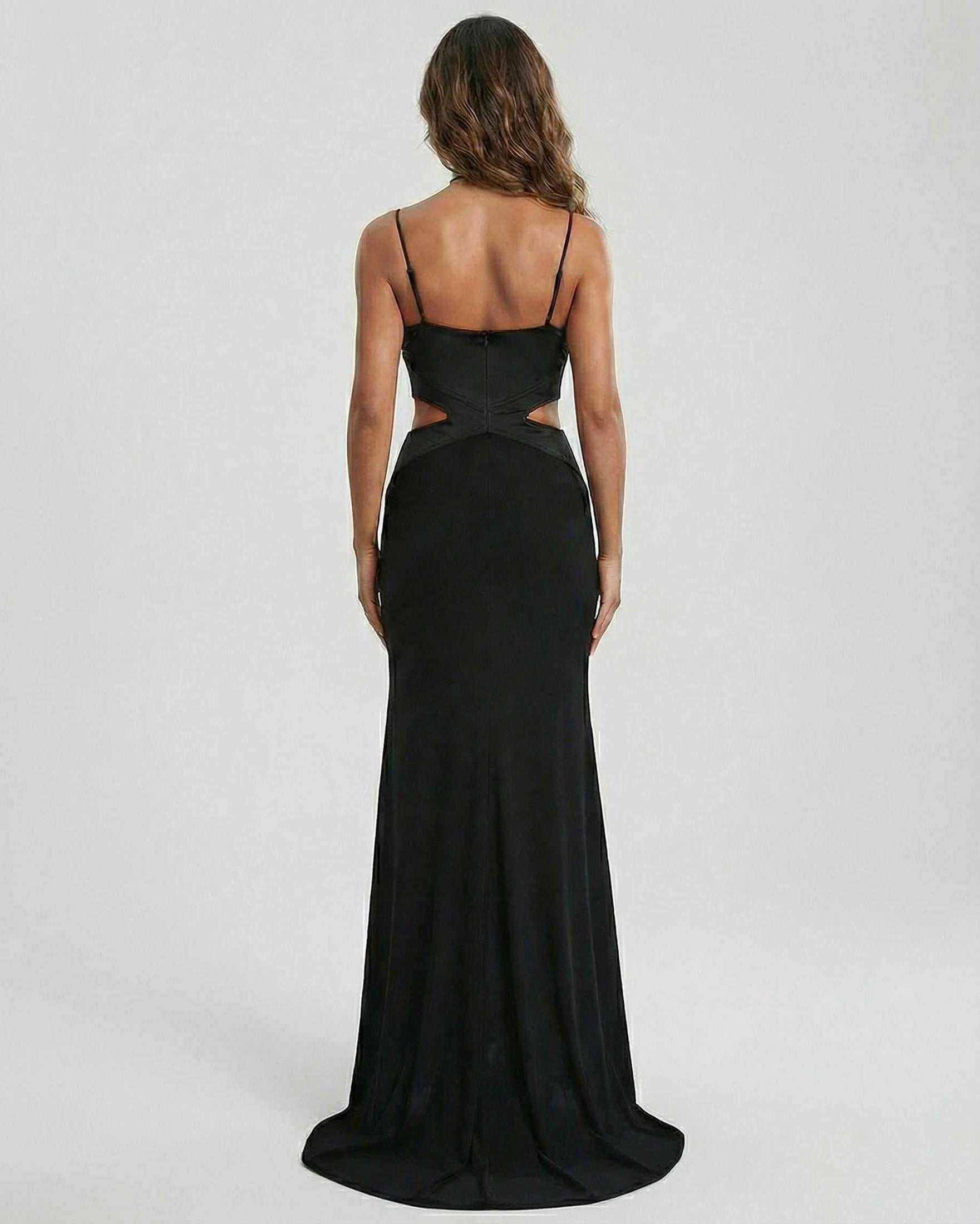 Eclipse Maxi Dress by Lauven, featuring a sleek back view with cutout accents and elegant silhouette.