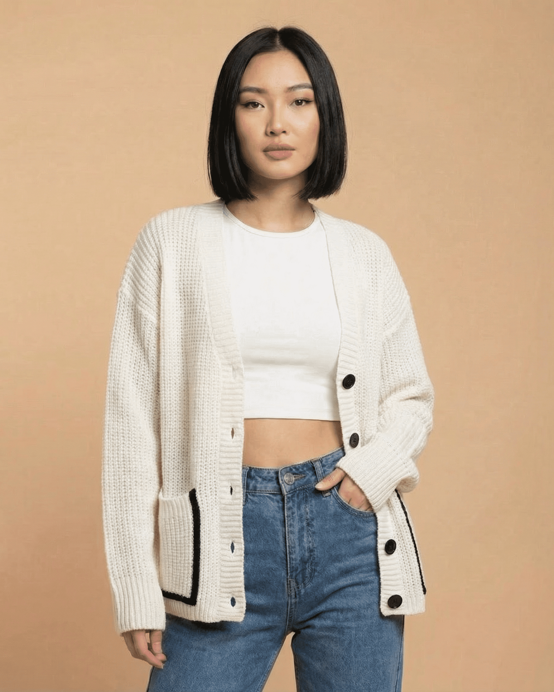 Elara Cardigan by SLIMONA - Loose Fit V-Neck Color Block Knit in cream color with button-front design.