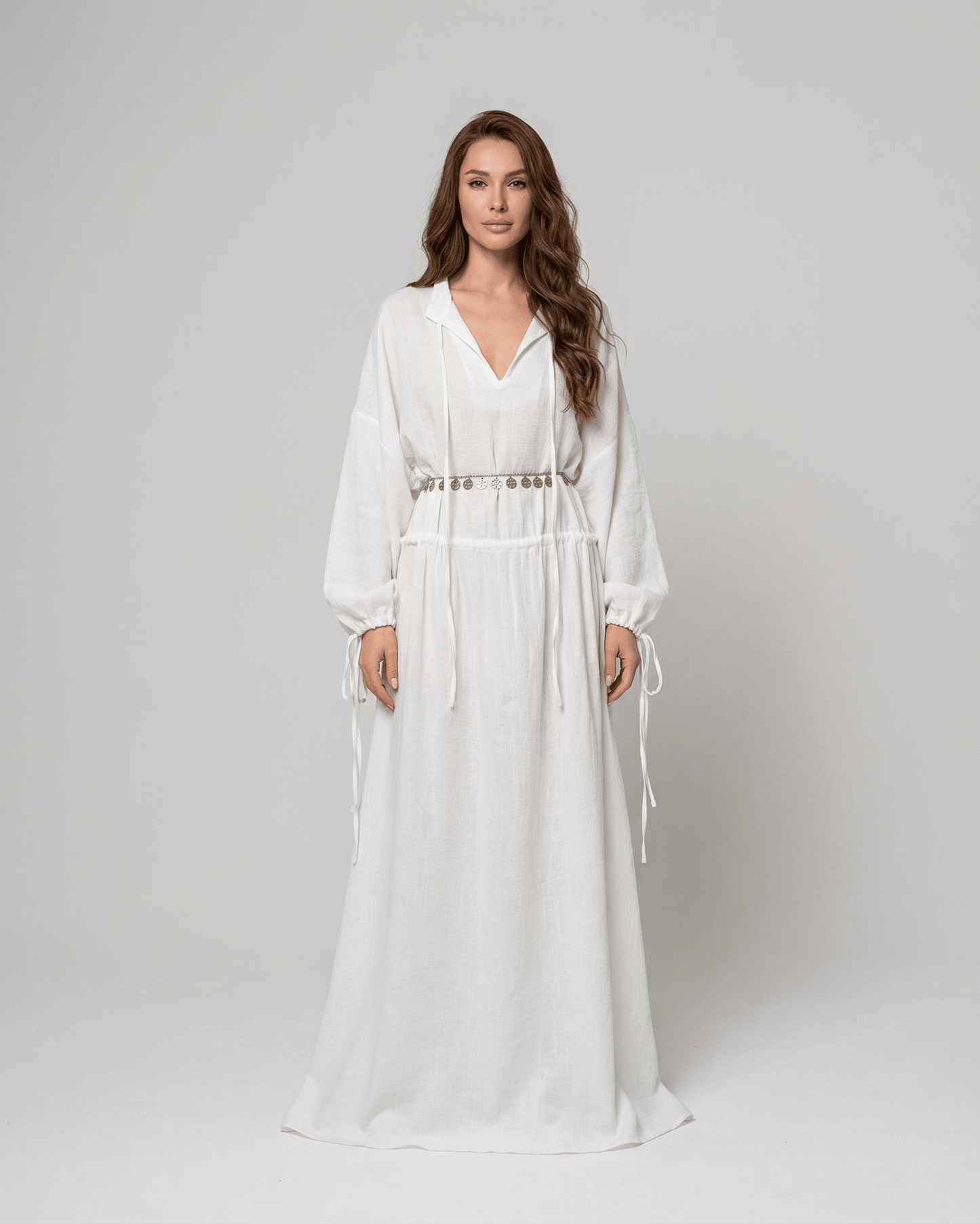 Elara Maxi Dress by SLIMONA - Elegant cotton A-Line maxi dress with adjustable waist and long sleeves.