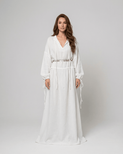 Elara Maxi Dress by SLIMONA - Elegant cotton A-Line maxi dress with adjustable waist and long sleeves.
