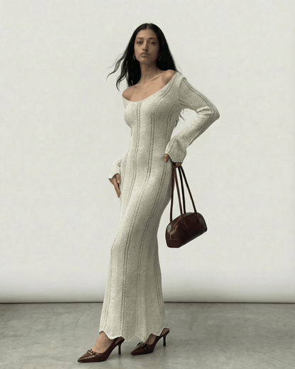 Elara Maxi Dress by Lauven, ribbed V-neck bodycon silhouette with long flare sleeves.
