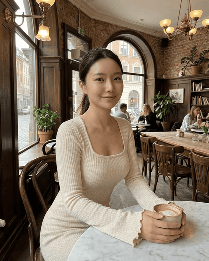 Elara Maxi Dress worn by a woman in a cafe, featuring a ribbed knit texture and square neckline.