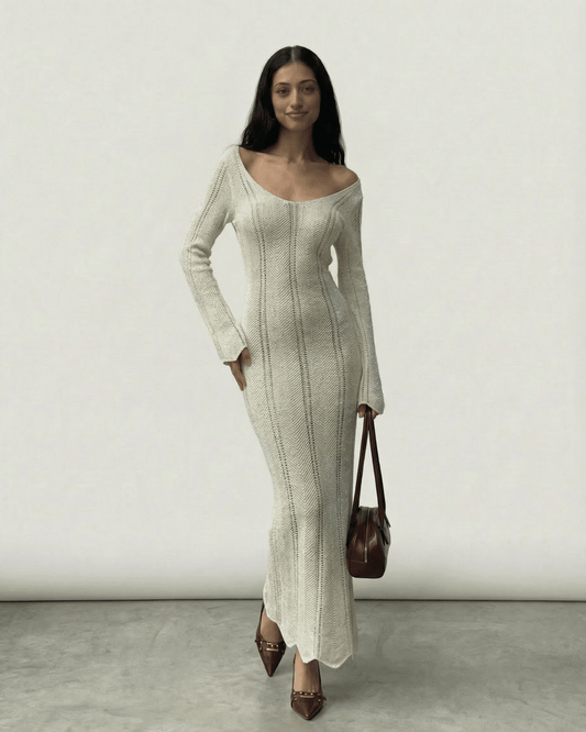 Elara Maxi Dress by Lauven, ribbed bodycon silhouette with long flare sleeves, elegant and stylish.