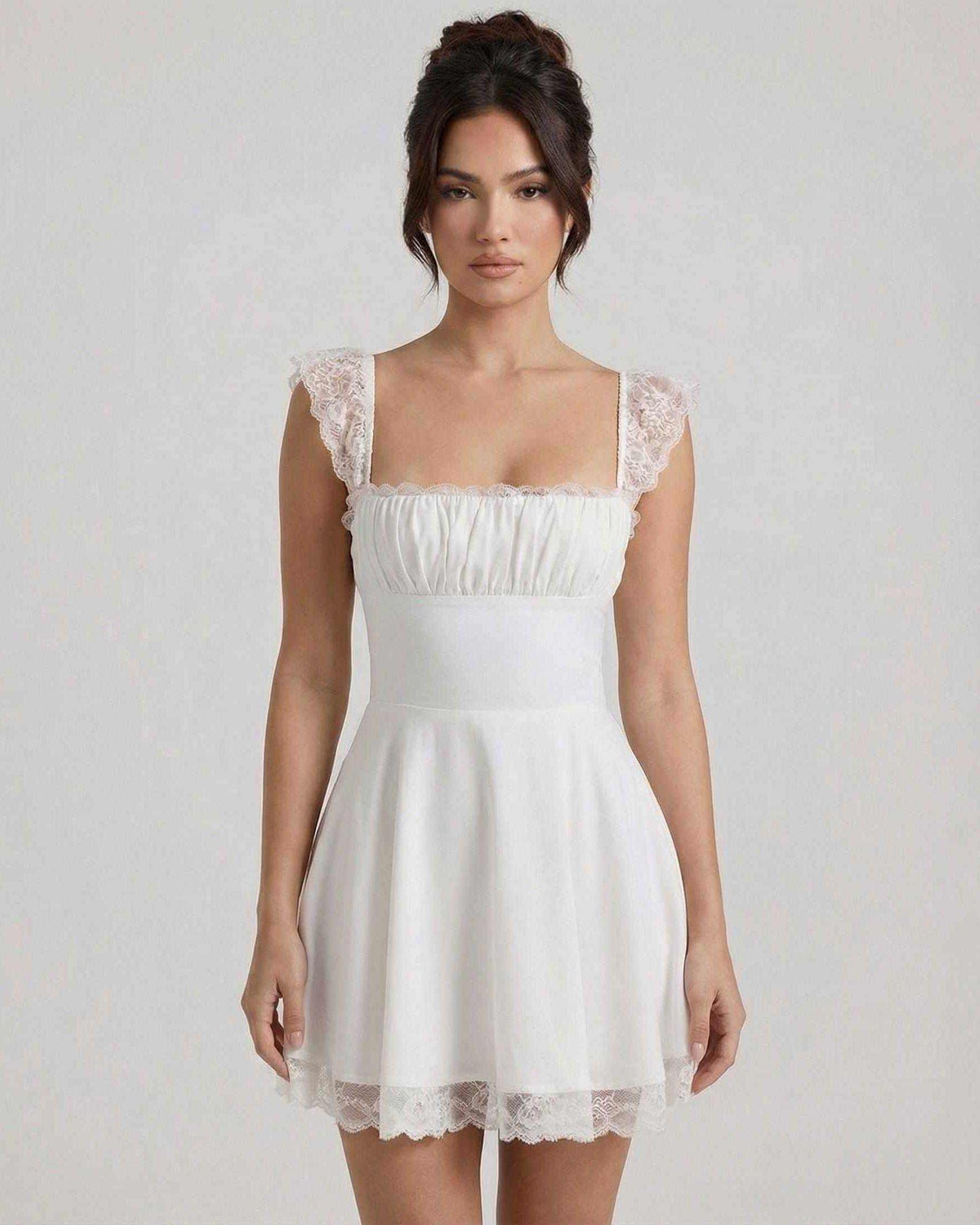 Elara Mini Dress by Lauven featuring lace cap sleeves and A-line silhouette in refined white.
