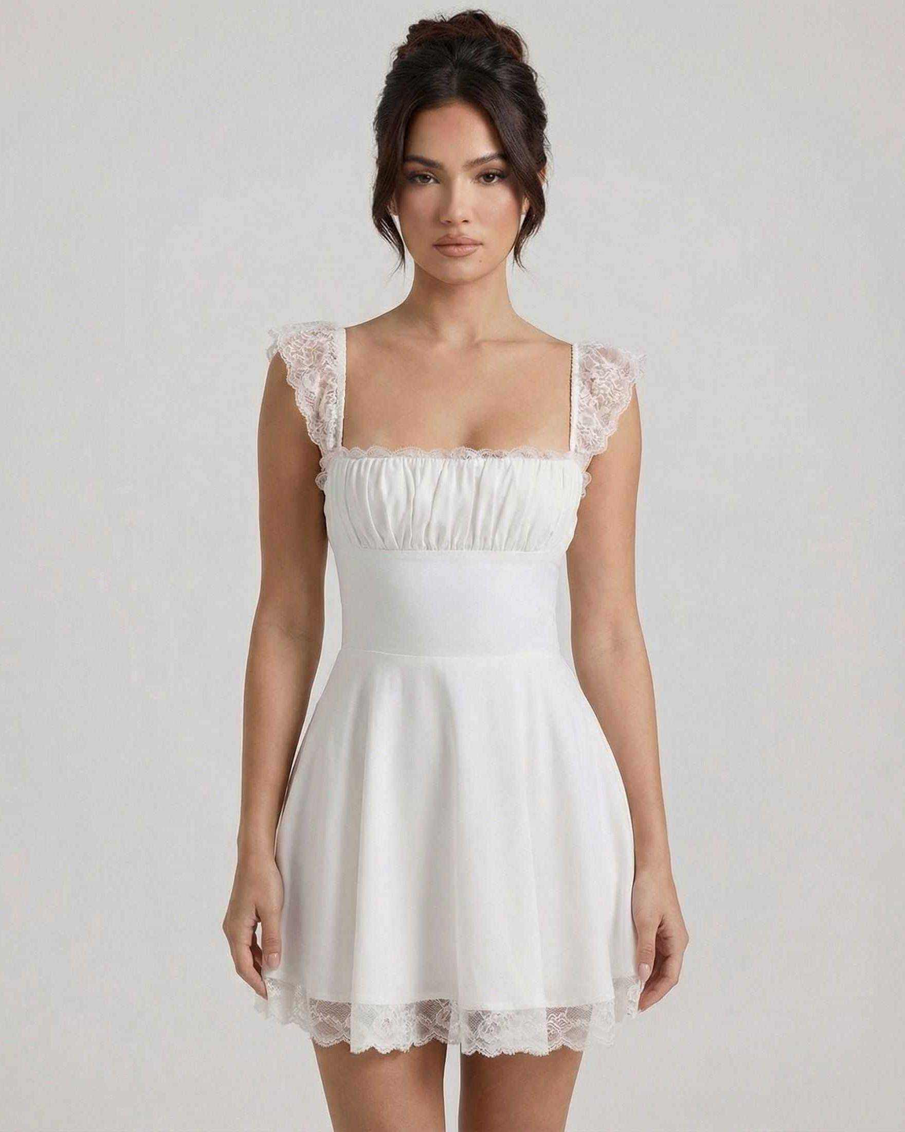 Elara Mini Dress by Lauven featuring lace cap sleeves and A-line silhouette in refined white.