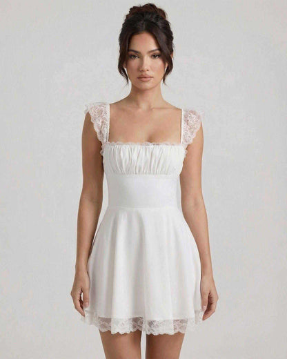 Elara Mini Dress by Lauven featuring lace cap sleeves and A-line silhouette in refined white.
