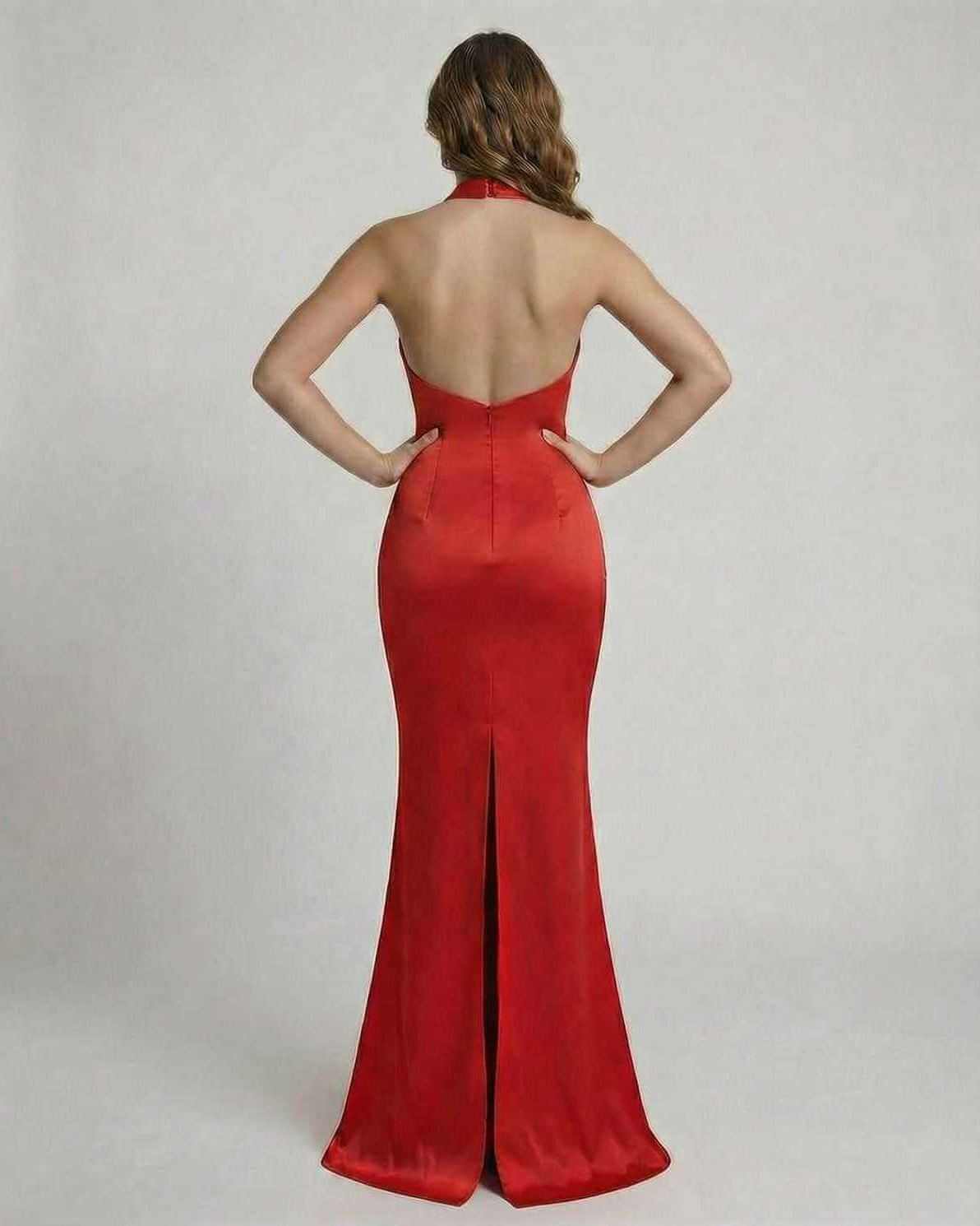Elysia Maxi Dress by Lauven showing the back view of a red satin floor-length sheath dress.