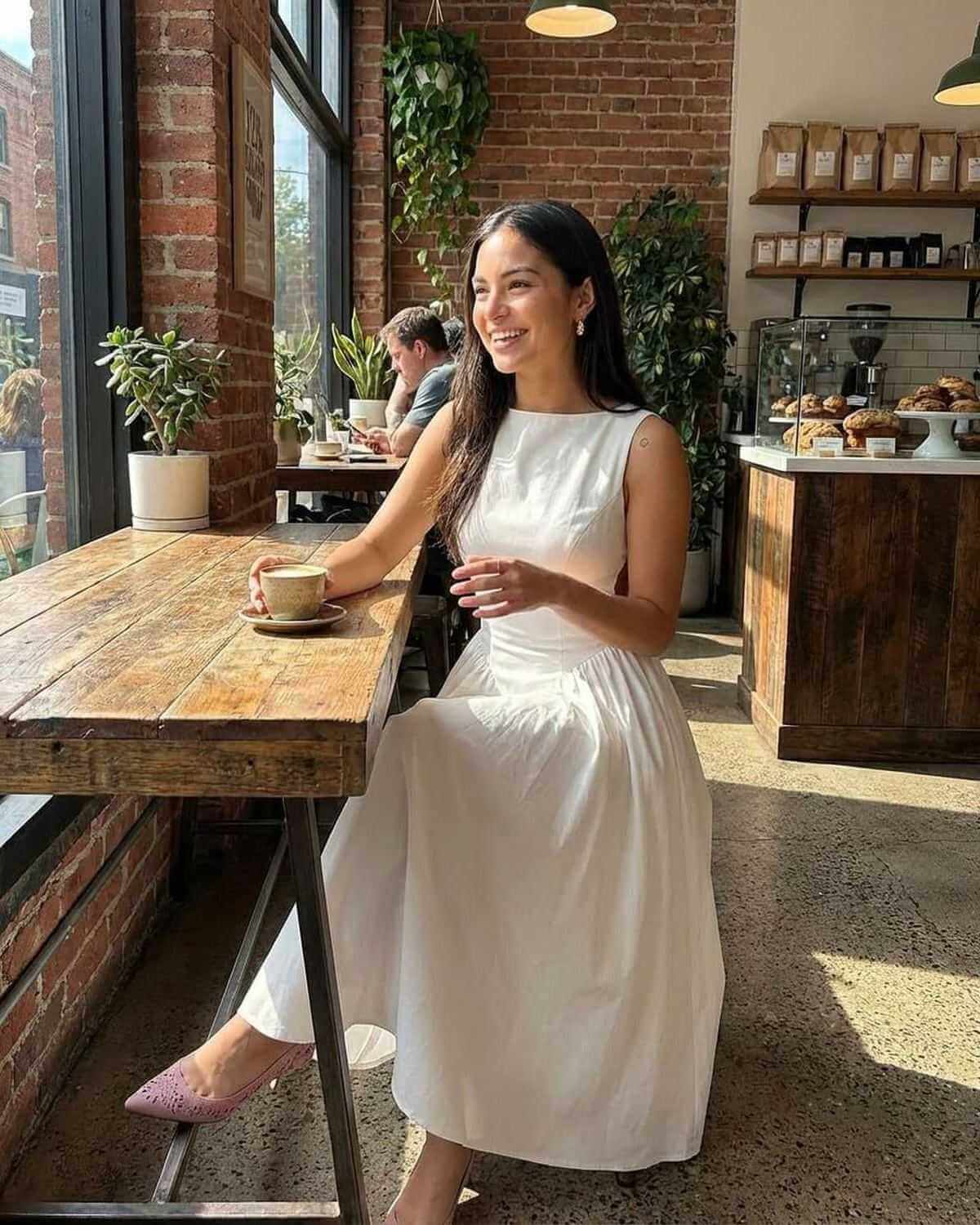 Elysia Midi Dress from SLIMONA in bright cafe, featuring elegant A-Line and open back detail.