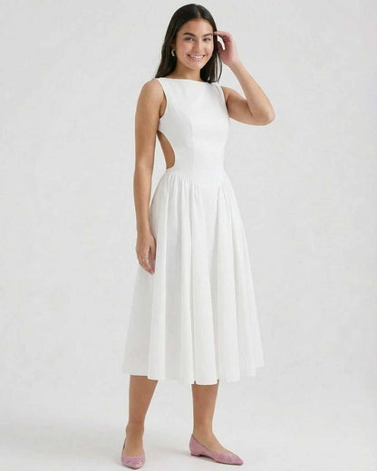 Elysia Midi Dress by SLIMONA, featuring an elegant A-Line silhouette and open back detail, perfect for special occasions.