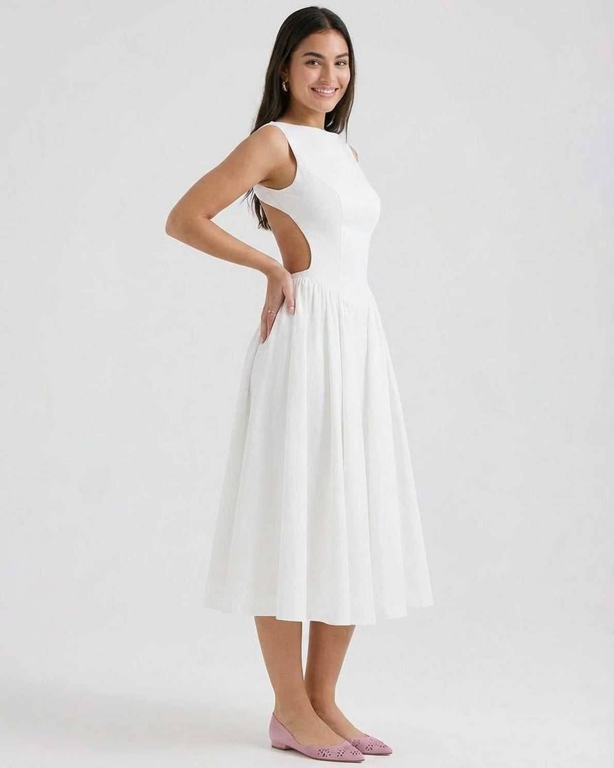 Elysia Midi Dress by SLIMONA, elegant A-Line design with open back detail, perfect for special occasions.