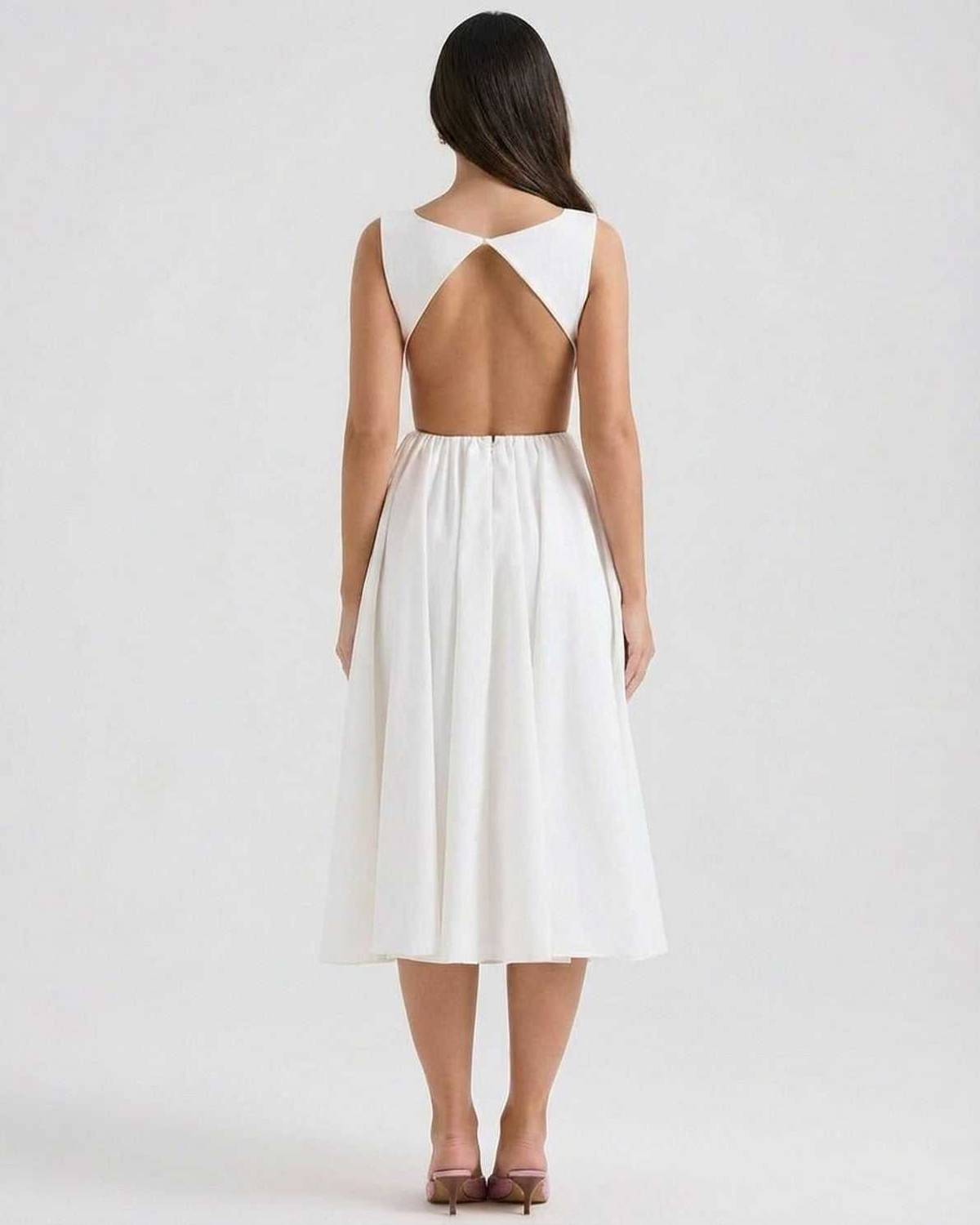 Elysia Midi Dress by SLIMONA showing elegant A-Line style with open back detail.