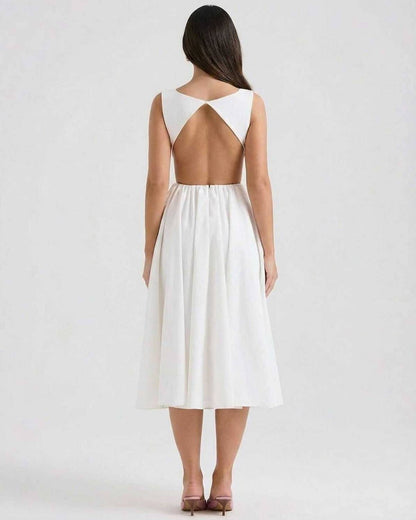 Elysia Midi Dress by SLIMONA showing elegant A-Line style with open back detail.