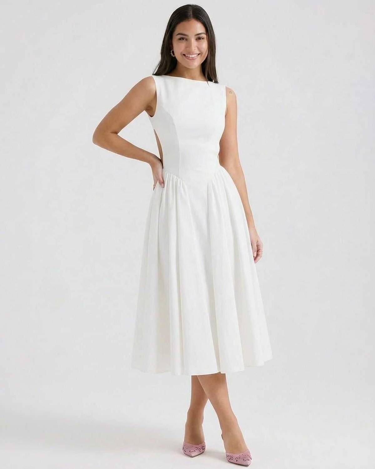 Elysia Midi Dress by SLIMONA, elegant A-Line midi with open back detail, perfect for special occasions.