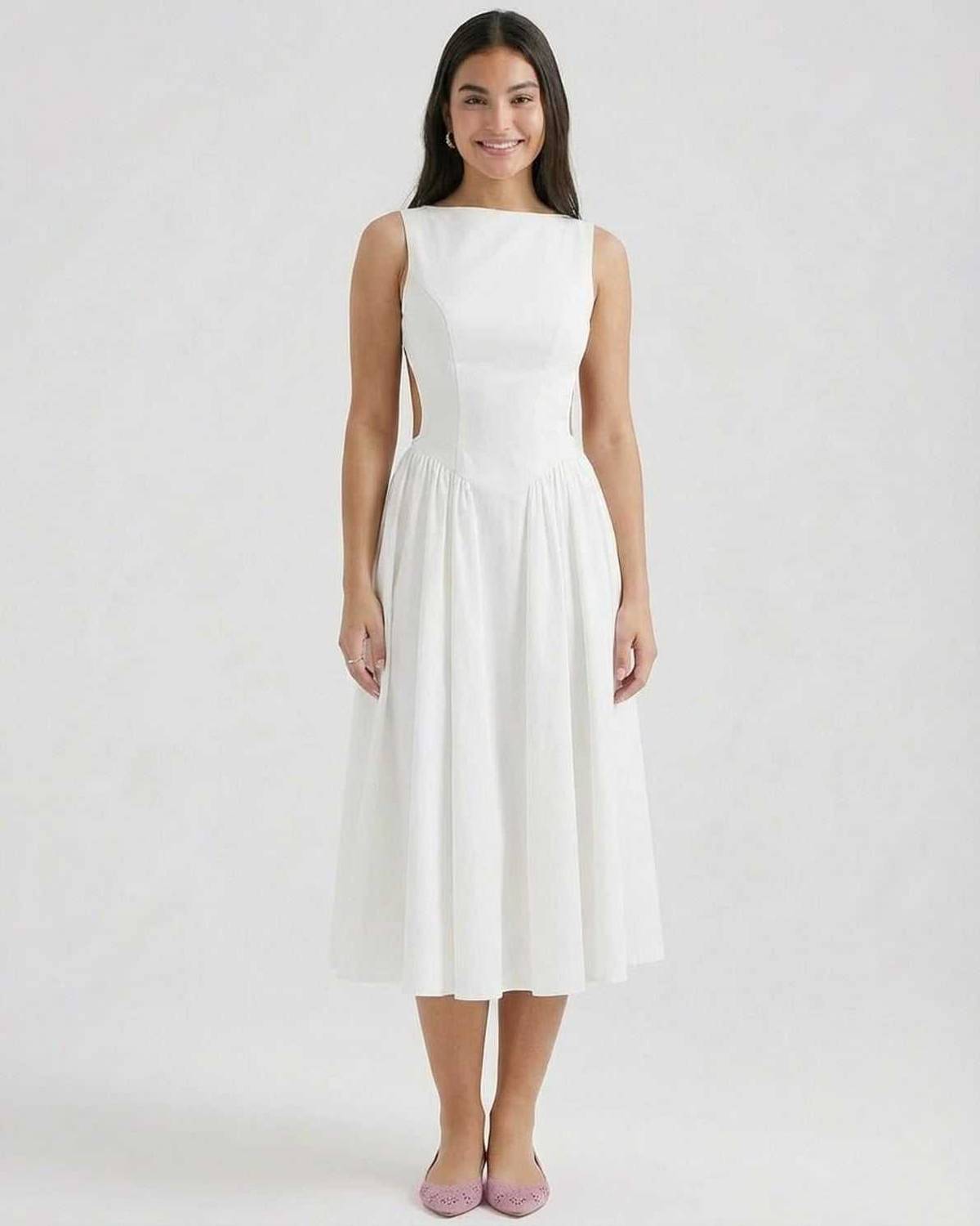 Elysia Midi Dress by SLIMONA, elegant A-Line design with open back detail, perfect for special occasions.