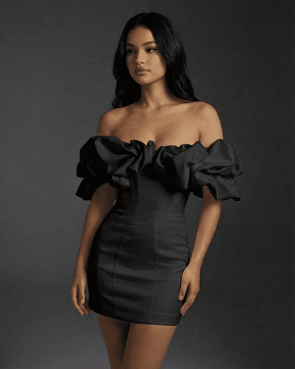 Elysia Mini Dress by SLIMONA, featuring off-the-shoulder design and ruffle trim in classic black.