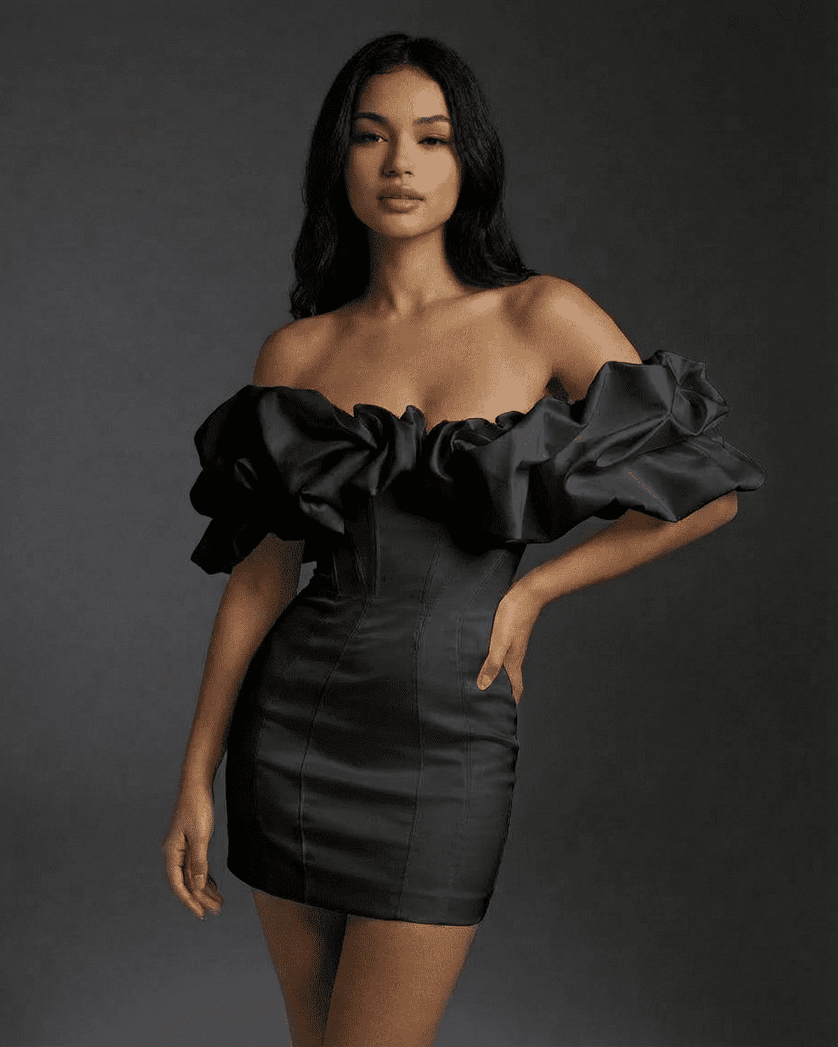 Elysia Mini Dress by SLIMONA, featuring off-the-shoulder silhouette and ruffle trim in black.