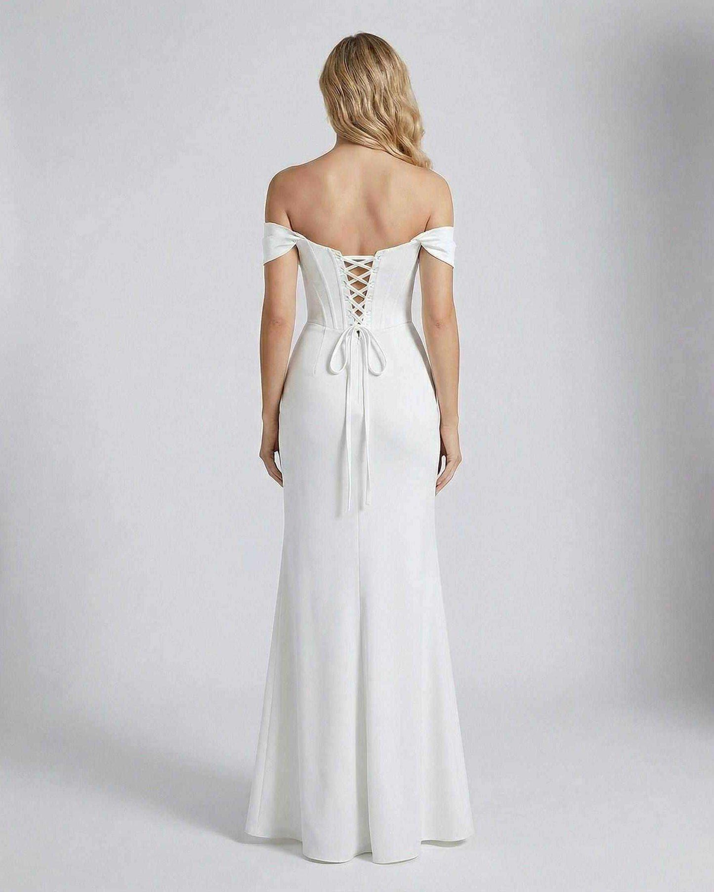 Elysian Maxi Dress by Lauven, showcasing the elegant back lace-up design of this off-shoulder dress.