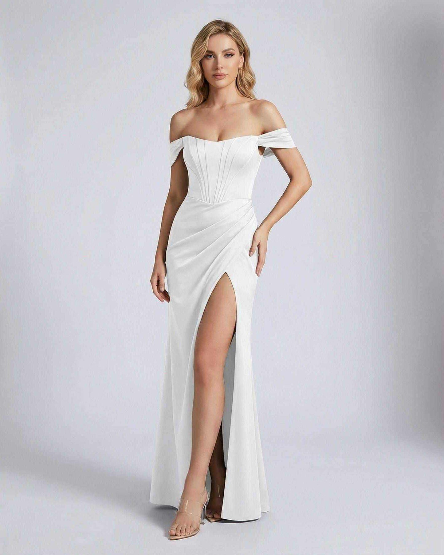 Elysian Maxi Dress by Lauven featuring an off-shoulder corset bodice and elegant thigh-high slit.