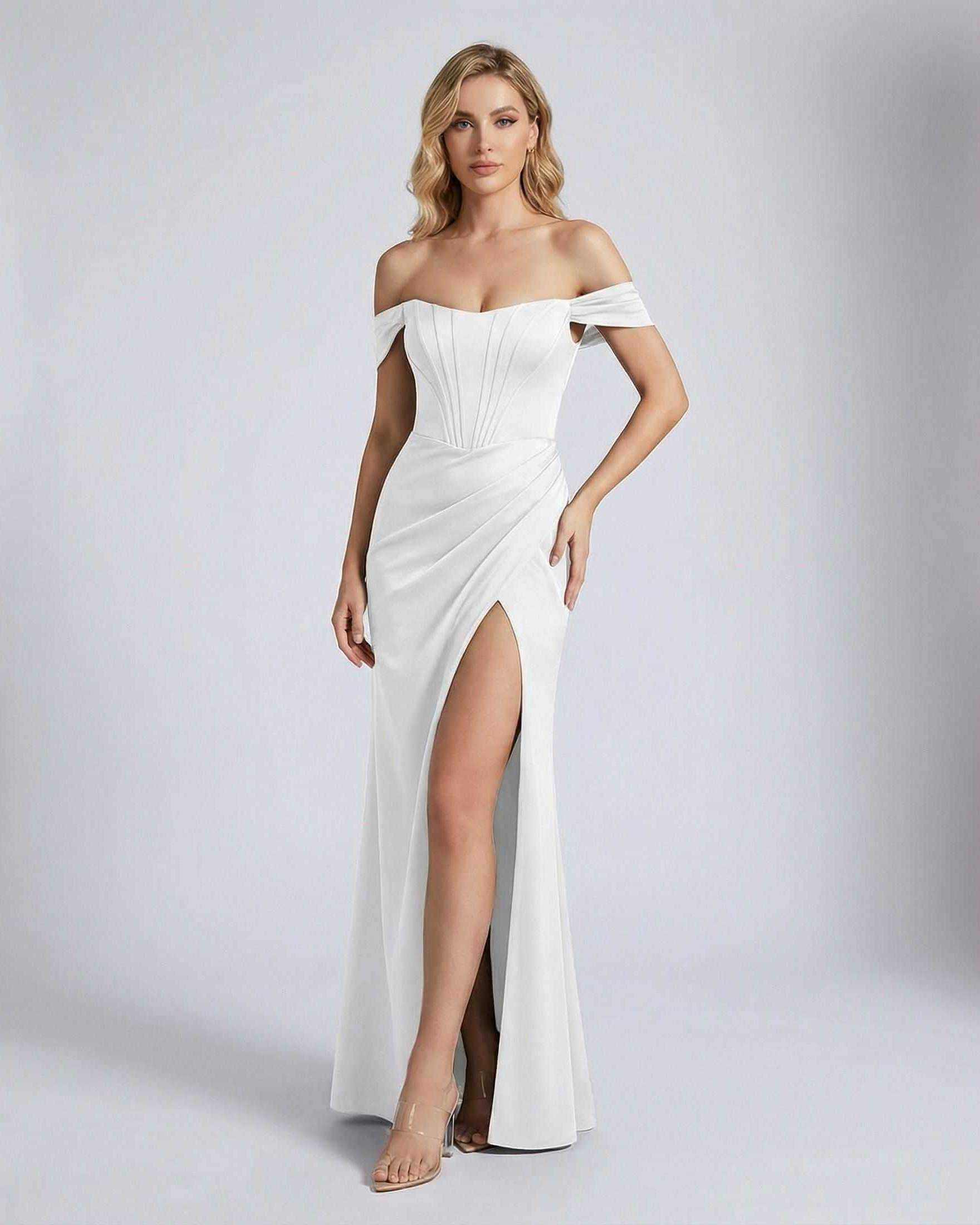 Elysian Maxi Dress by Lauven featuring an off-shoulder corset bodice and elegant thigh-high slit.
