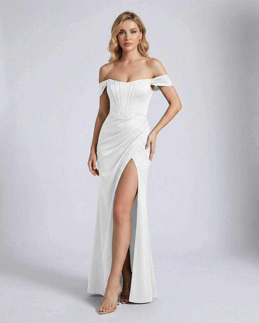 Elysian Maxi Dress by Lauven featuring an off-shoulder corset bodice and elegant thigh-high slit.