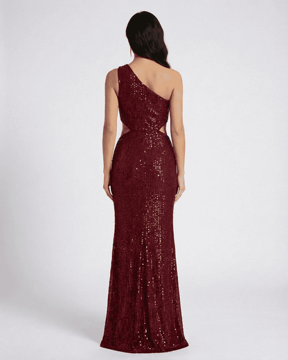 Back view of Ember Maxi Dress by SLIMONA, featuring a one-shoulder design and stunning sequin embellishments.