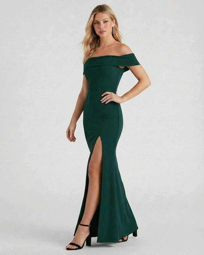 Emerald Maxi Dress by SLIMONA featuring an elegant off-the-shoulder design and high slit for a sophisticated look.