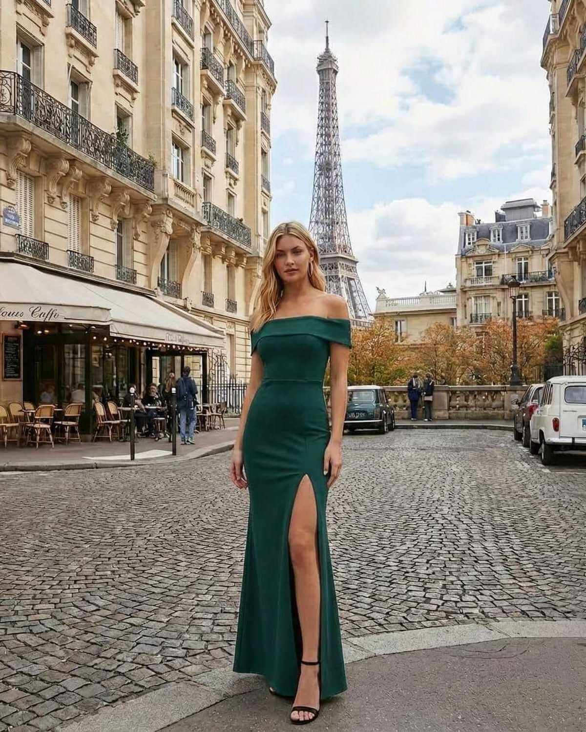 Emerald Maxi Dress by SLIMONA – Elegant off-the-shoulder design with high slit in front of the Eiffel Tower.