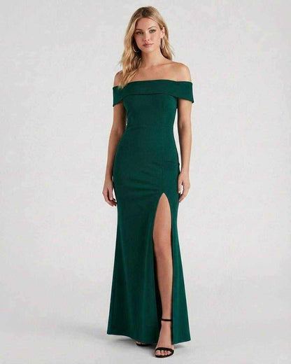 Emerald Maxi Dress by SLIMONA - Elegant off-the-shoulder crepe knit dress with high slit