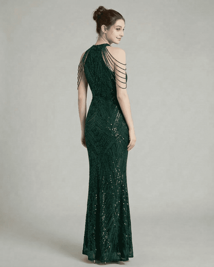 Emerald Maxi Dress by SLIMONA featuring sequin detailing and halter neckline in rich green velvet.