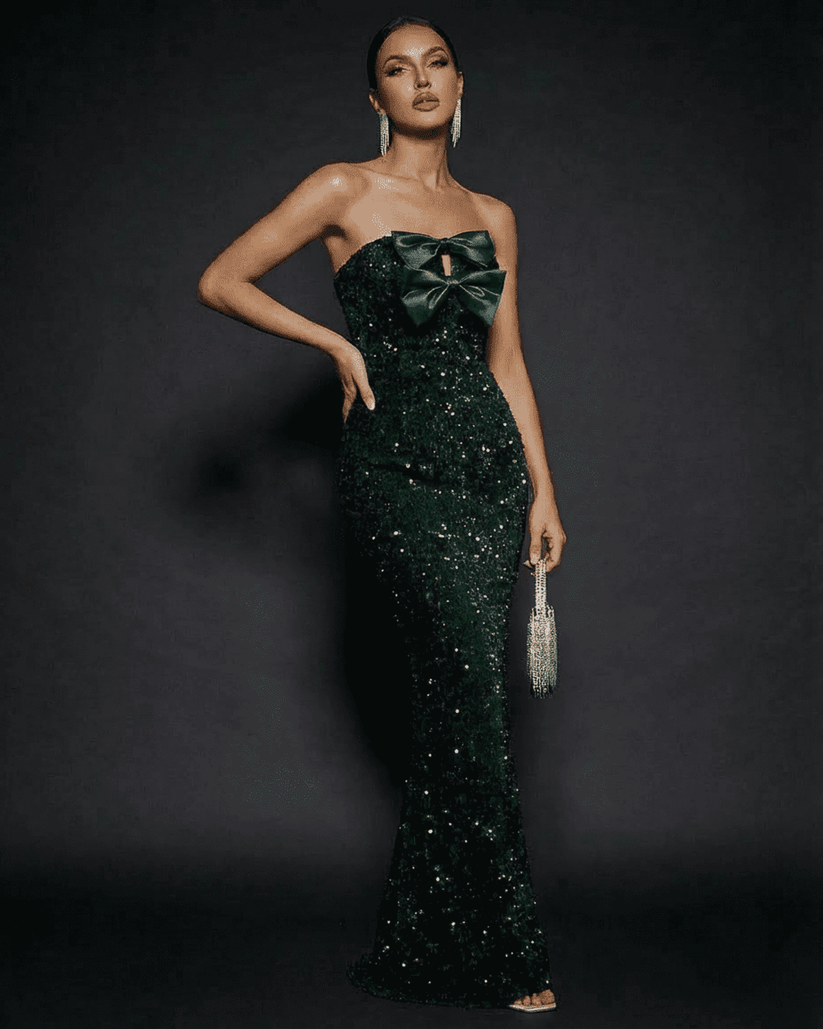 Emerald Maxi Dress by SLIMONA, strapless sequin gown with a satin bow, perfect for glamorous parties.