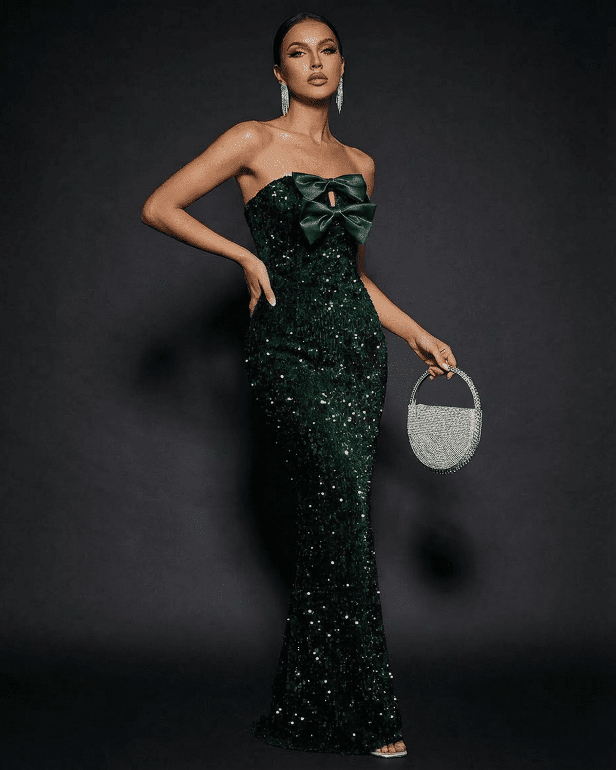Emerald Maxi Dress by SLIMONA, strapless design with bow, sequin detail, elegant party look.