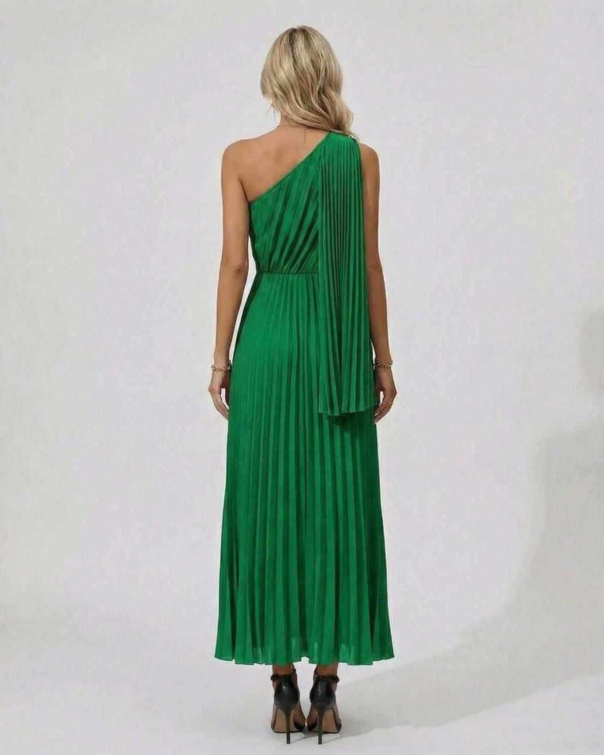 Emerald Midi Dress by Lauven - Elegant one-shoulder design with pleated hem in vibrant green.