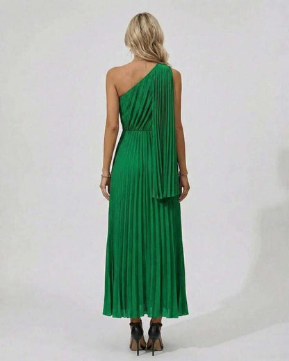 Emerald Midi Dress by Lauven - Elegant one-shoulder design with pleated hem in vibrant green.