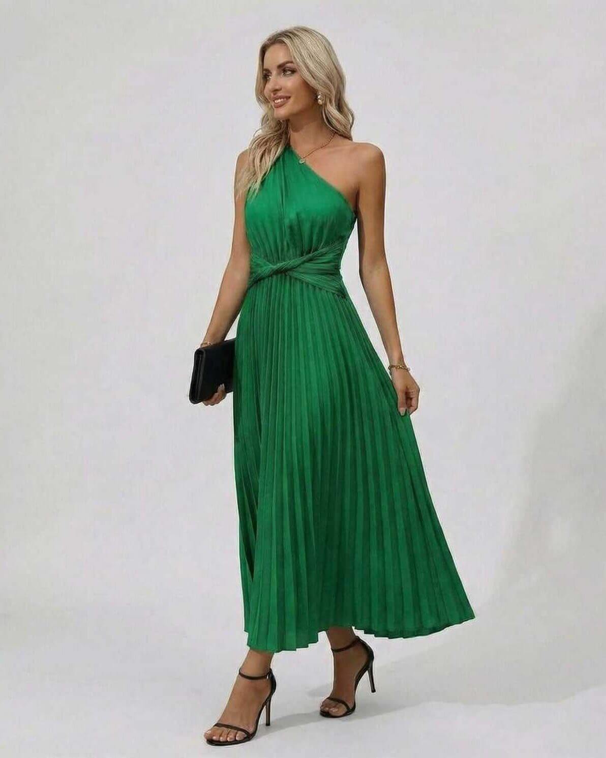 Emerald Midi Dress by Lauven, featuring a one-shoulder twist front and pleated hem in green.