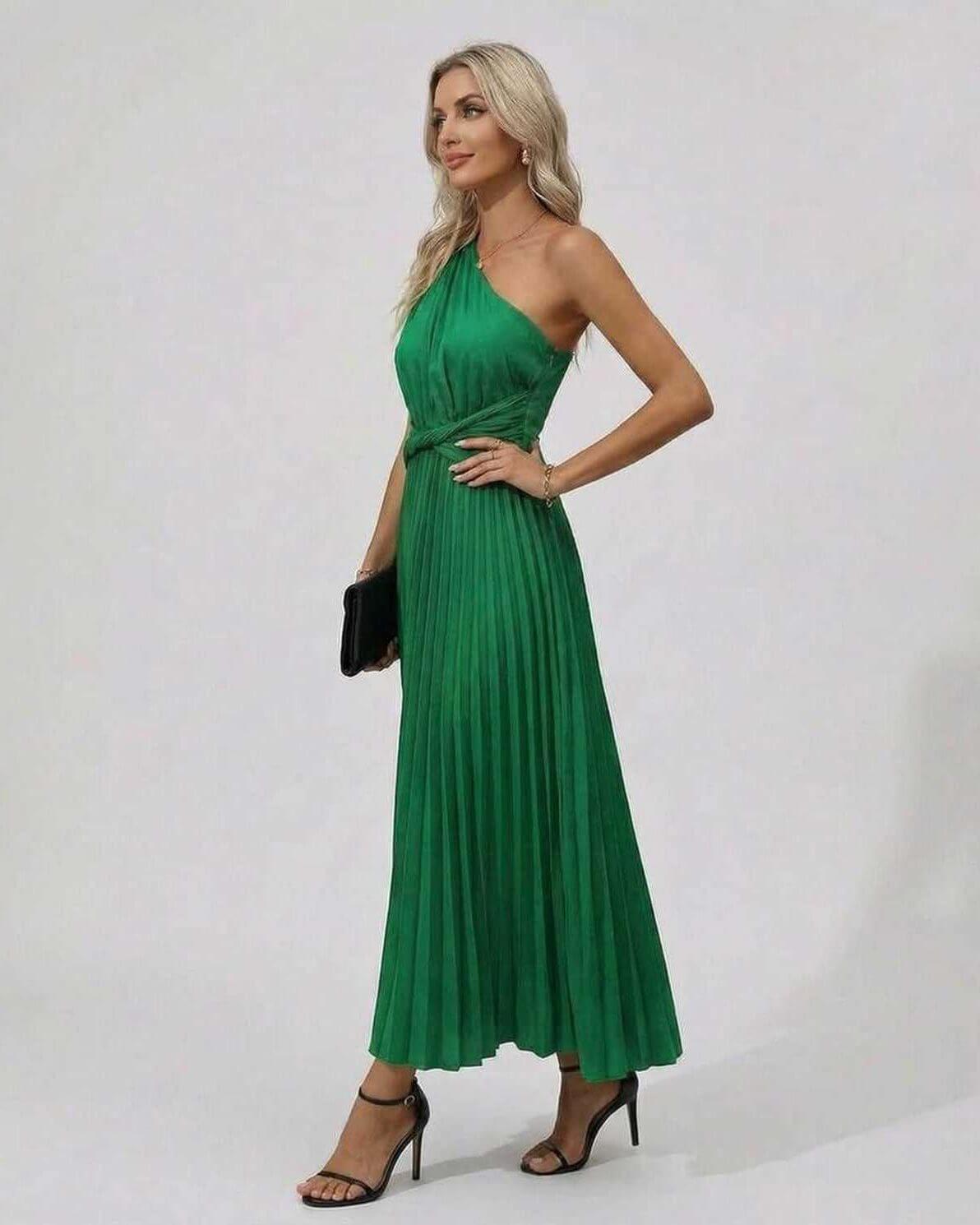Emerald Midi Dress by Lauven, featuring a one-shoulder twist front design and pleated hem in a vibrant green.
