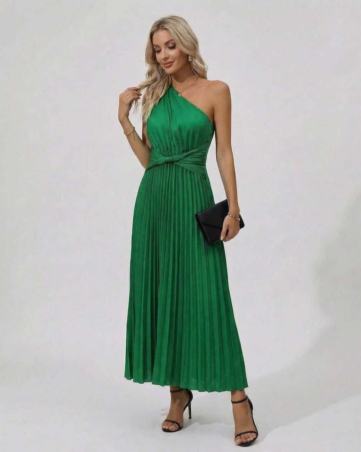 Emerald Midi Dress by Lauven - One Shoulder Twist Front design with Pleated Hem in vibrant green.
