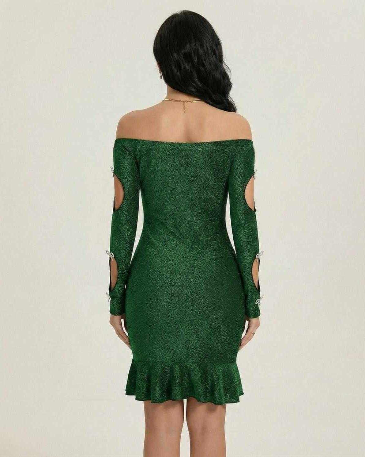 Emerald Mini Dress by Lauven, off-the-shoulder bodycon with elegant cutouts and shimmer detail, stylish back view.