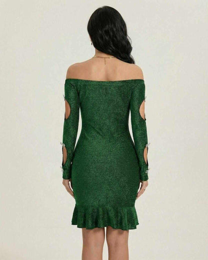 Emerald Mini Dress by Lauven, off-the-shoulder bodycon with elegant cutouts and shimmer detail, stylish back view.
