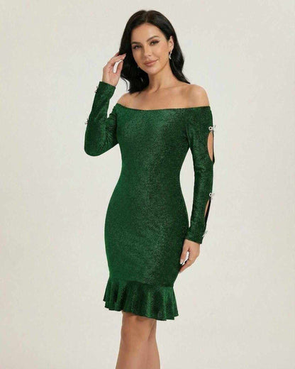 Emerald Mini Dress by Lauven - Stunning off-the-shoulder bodycon style with cutout details and elegant shimmer.