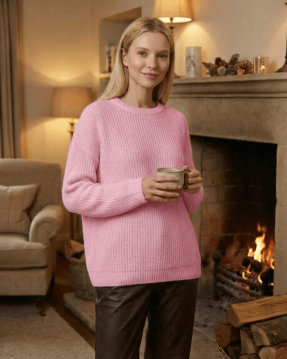 Fiora Sweater by SLIMONA in loose fit thick ribbed knitwear with round neck, perfect for cozy fall and winter evenings.