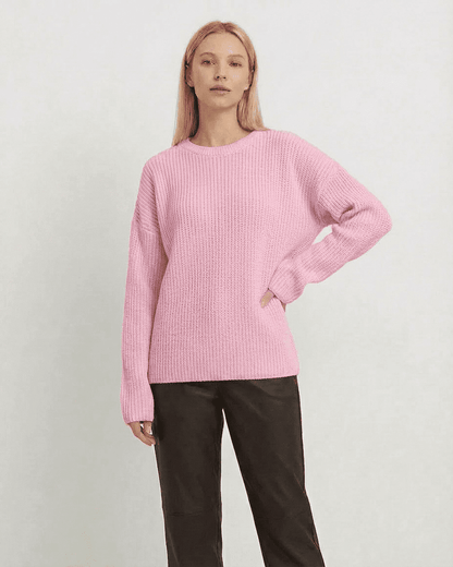 Fiora Sweater by SLIMONA - Loose fit thick ribbed knitwear in soft pink with round neck.
