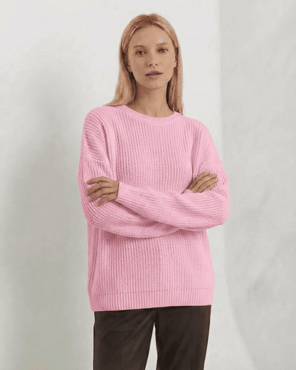 Fiora Sweater by SLIMONA in pink, featuring loose fit and ribbed knit design, perfect for cozy fall and winter styling.