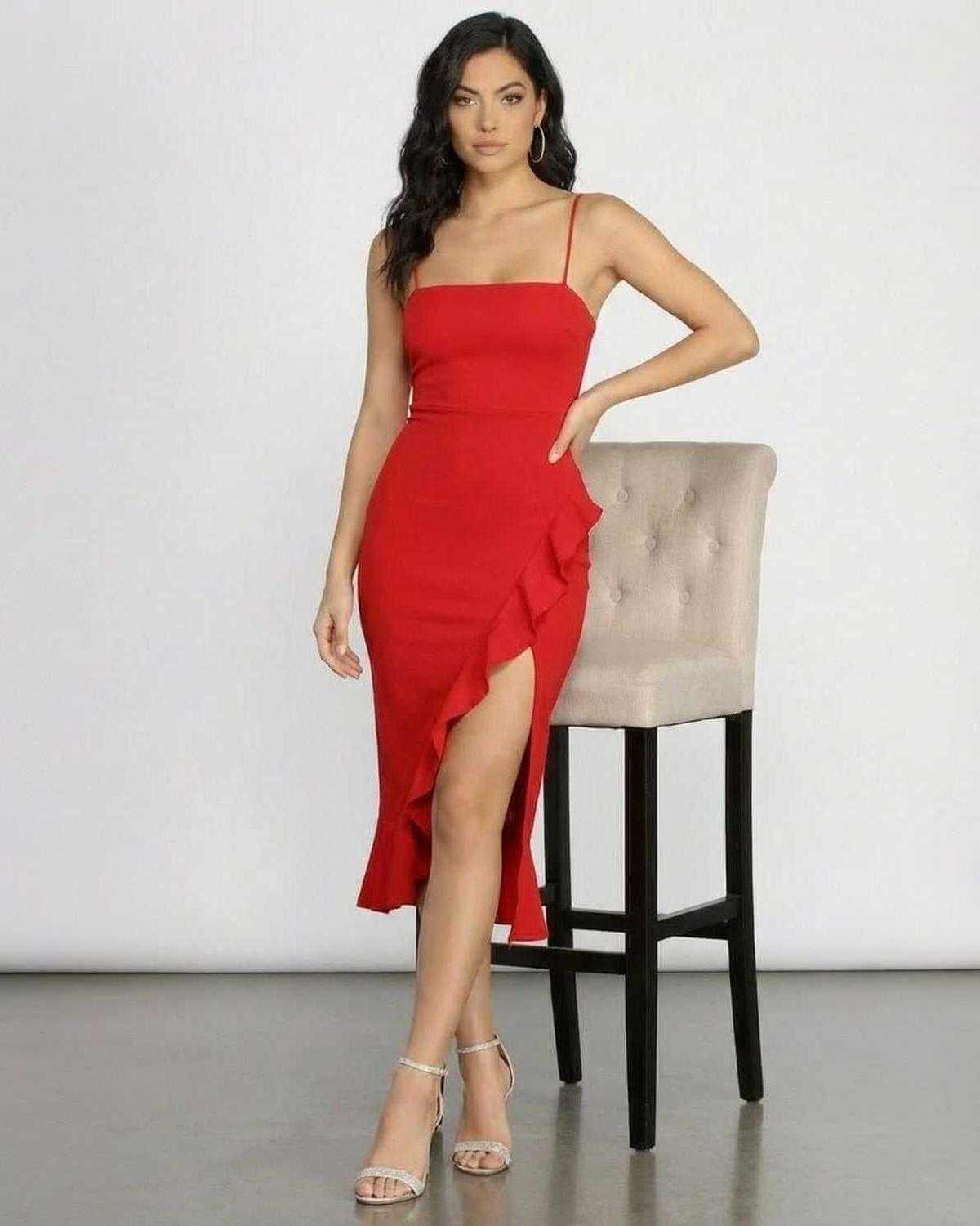Flamora Midi Dress by SLIMONA, ruffled red midi dress with square neckline and asymmetrical hem.