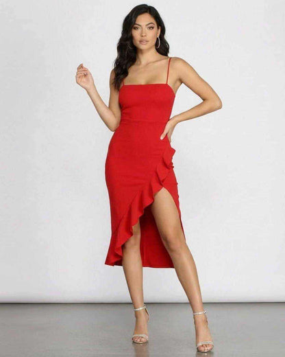 Flamora Midi Dress by SLIMONA featuring ruffled design and square neckline in a striking red color.