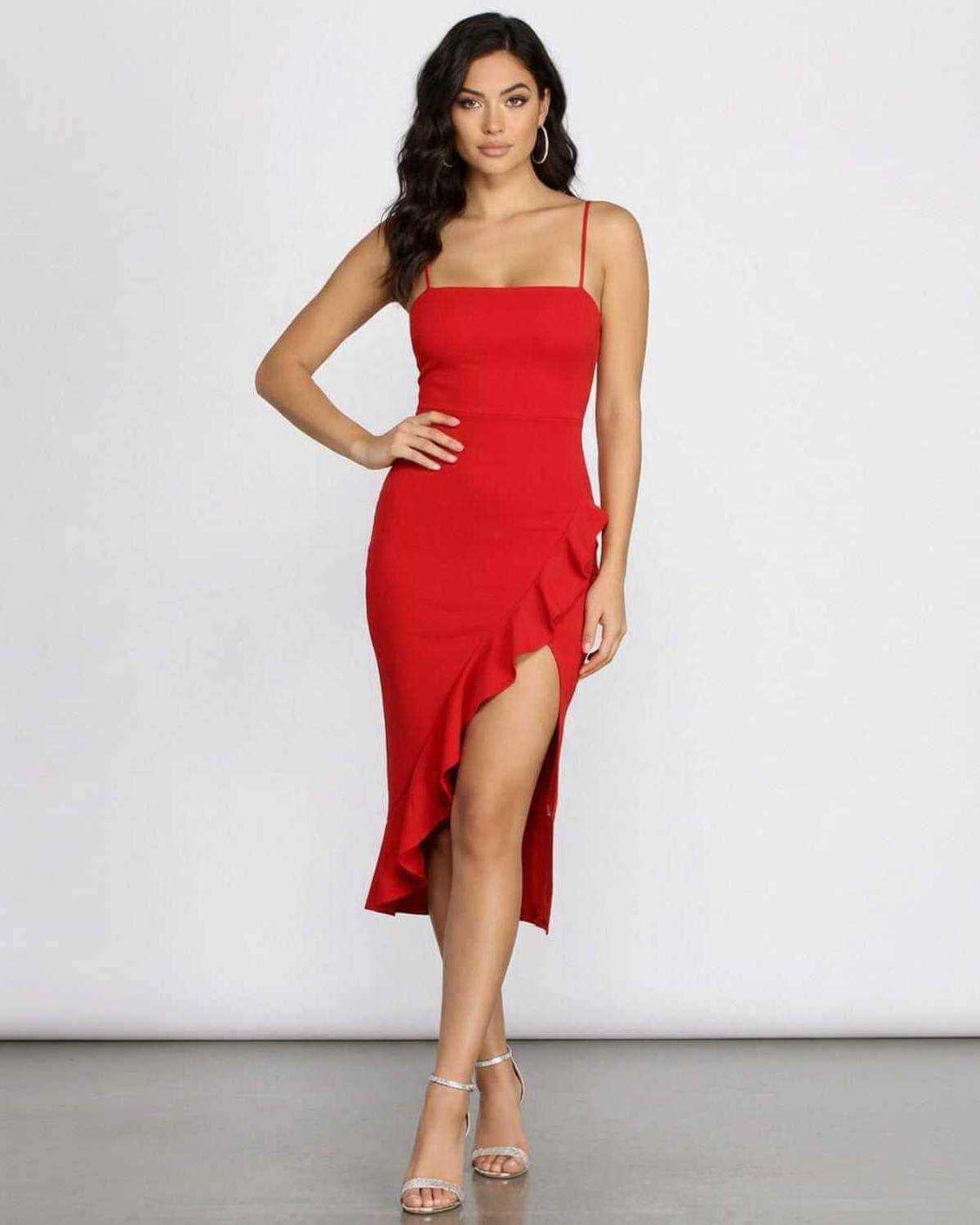 Flamora Midi Dress by SLIMONA, a red ruffled dress with square neckline and asymmetrical hem for a stylish look.